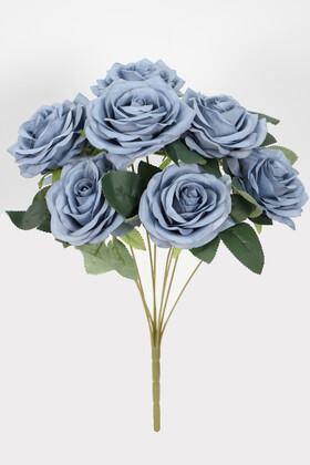 Yapay Çiçek Deposu - Yapay 9lu Lüx İri Gül Demeti Mat Mavi