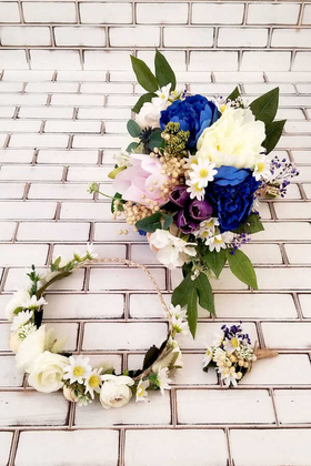 Yapay Çiçek Deposu - Mavi - Beyaz Güller ve Kuru Çiçek Karnavalı 3lü Set