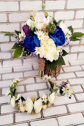 Mavi - Beyaz Güller ve Kuru Çiçek Karnavalı 3lü Set - Thumbnail