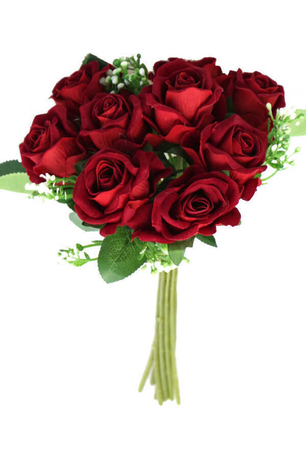 Yapay Çiçek 9lu Kaliteli Kadife Gül Demeti 27cm Kırmızı