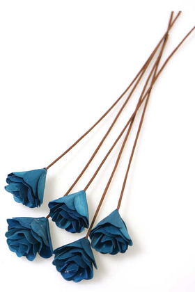 Yapay Çiçek Deposu - 5Li El Yapımı Ağaç Kabuğundan Dekoratif Gül Sivri Model İndigo Mavi