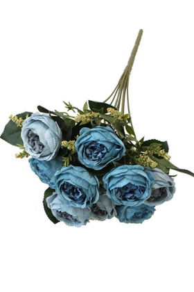 Yapay Çiçek Deposu - Yapay Çiçek 9 Dallı Meilland Cipsolu Gül Demeti Mavi