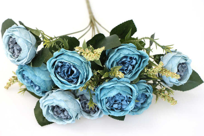 Yapay Çiçek 9 Dallı Meilland Cipsolu Gül Demeti Mavi - Thumbnail