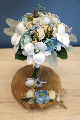 Yapay Çiçek Deposu - Buz Mavisi Manolya Gül Gelin Buketi 3lü set