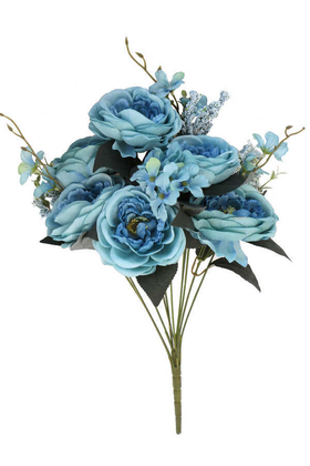 Yapay Çiçek Deposu - Yapay 11 Dal Lüx Kumaş Gül Aranjmanı Mavi