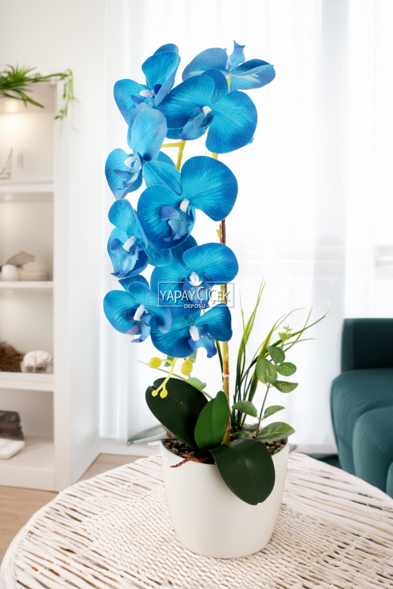 Saksıda Yapay Baskılı Islak Orkide 55 Cm Mavi