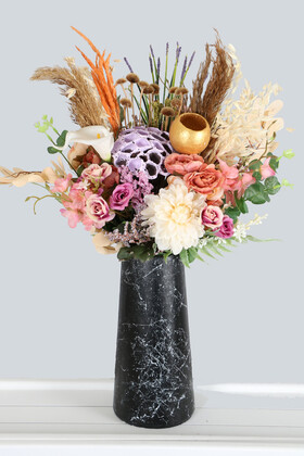 Yapay Çiçek Deposu - Mermer Desenli Lüks Siyah Vazoda Yapay Çiçek Aranjmanı 60 cm (Alaçam)
