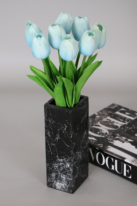 Yapay Çiçek Deposu - Mermer Desenli Vazoda 8li Islak Yapay Lale Demeti 35 cm Bebe Mavisi