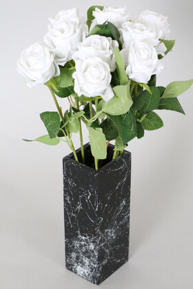 Yapay Çiçek Deposu - Mermer Desenli Siyah Vazoda 9 Dallı Kadife Gül Demeti Beyaz 40 Cm