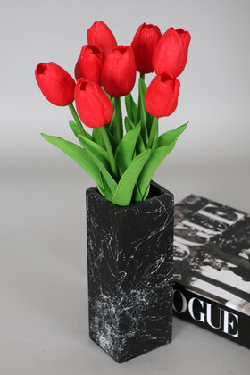 Yapay Çiçek Deposu - Mermer Desenli Vazoda 8li Islak Yapay Lale Demeti 35 cm Kırmızı