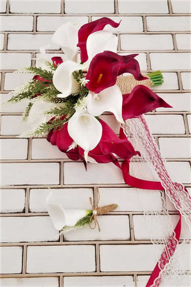 Yapay Çiçek Deposu - Merpos Islak Gala Gelin Buketi 2li Set Açık Mürdüm Beyaz