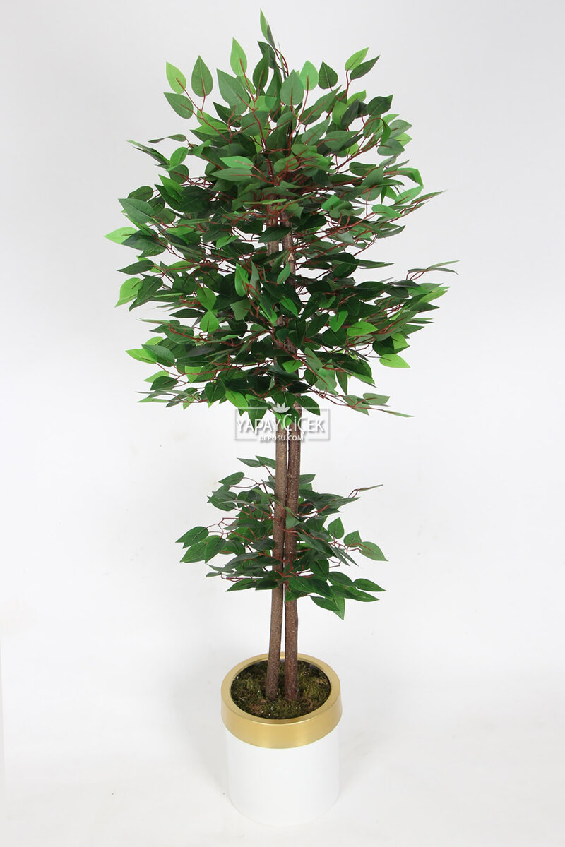 Beyaz Gold Metal Saksıda Yapay Benjamin Ağacı (Ficus benjamina) 150 cm Yeşil