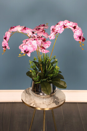Yapay Çiçek Deposu - Metal Orta Boy Gümüş Saksıda Baskılı Orkide Fuşya Beyaz