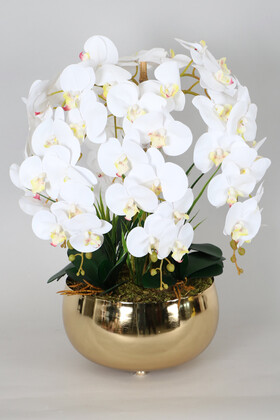 Yapay Çiçek Deposu - Metal Gold Saksıda Yapay Islak Baskılı Orkide Beyaz Fıstık