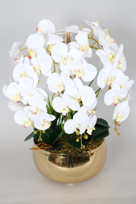 Metal Gold Saksıda Yapay Islak Baskılı Orkide Beyaz Fıstık - Thumbnail