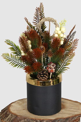 Yapay Çiçek Deposu - Mini Metal Fıçıda Yapay Çam Dalı Kozalak Tanzimi 35 cm