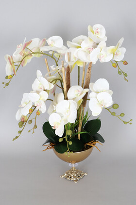Yapay Çiçek Deposu - Zamak Ayaklı Metal Gold Saksıda 6 Dal Yapay Orkide Aranjmanı 70 cm
