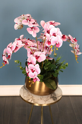 Yapay Çiçek Deposu - Metal Bronz Saksıda Baskılı Orkide Pembe Çizgili