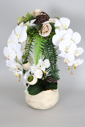 Yapay Çiçek Deposu - Eskitme Metal Orta Boy Saksıda Yapay Egzotik Orkide Gül Aranjmanı