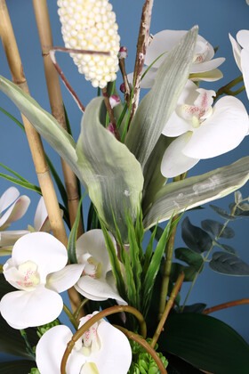 Metal Beyaz-Gold Saksıda Lüks Yapay Islak Orkide Aranjmanı - Thumbnail