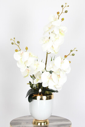 Yapay Çiçek Deposu - Metal Beyaz-Gold Saksıda Yapay Orkide Tanzimi 75 cm Javanica