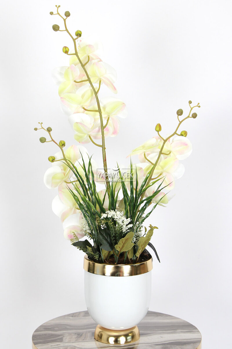 Metal Beyaz-Gold Saksıda Yapay Orkide Tanzimi 75 cm Javanica