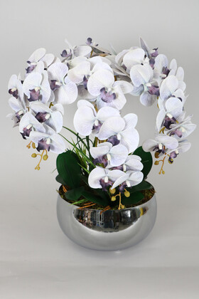 Yapay Çiçek Deposu - Metal Gümüş Saksıda Yapay Islak Baskılı Orkide Gri Mor