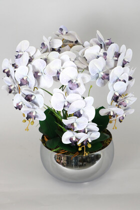 Metal Gümüş Saksıda Yapay Islak Baskılı Orkide Gri Mor - Thumbnail