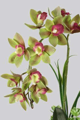Mini Metal Saksıda Yapay Tropikal Simbidyum Orkide Aranjmanı Yeşil - Thumbnail
