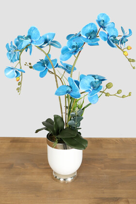 Yapay Çiçek Deposu - Metal Beyaz-Gümüş Saksıda Lüx 4lü Orkide Mavi