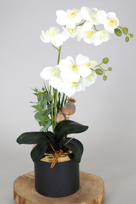 Mini Metal Saksıda 2 Dal Yapay Islak Orkide Tanzimi Beyaz Sarı 50 cm - Thumbnail