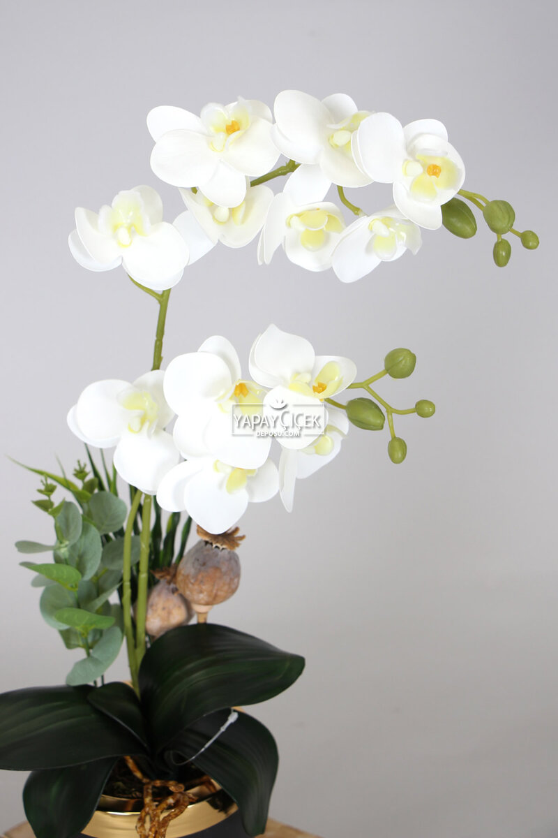 Mini Metal Saksıda 2 Dal Yapay Islak Orkide Tanzimi Beyaz Sarı 50 cm