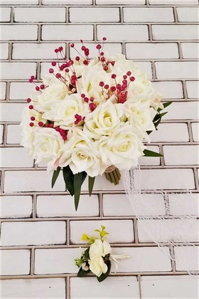 Yapay Çiçek Deposu - Minerva Kırık Beyaz Lüx Güller Gelin Buketi 2li Set