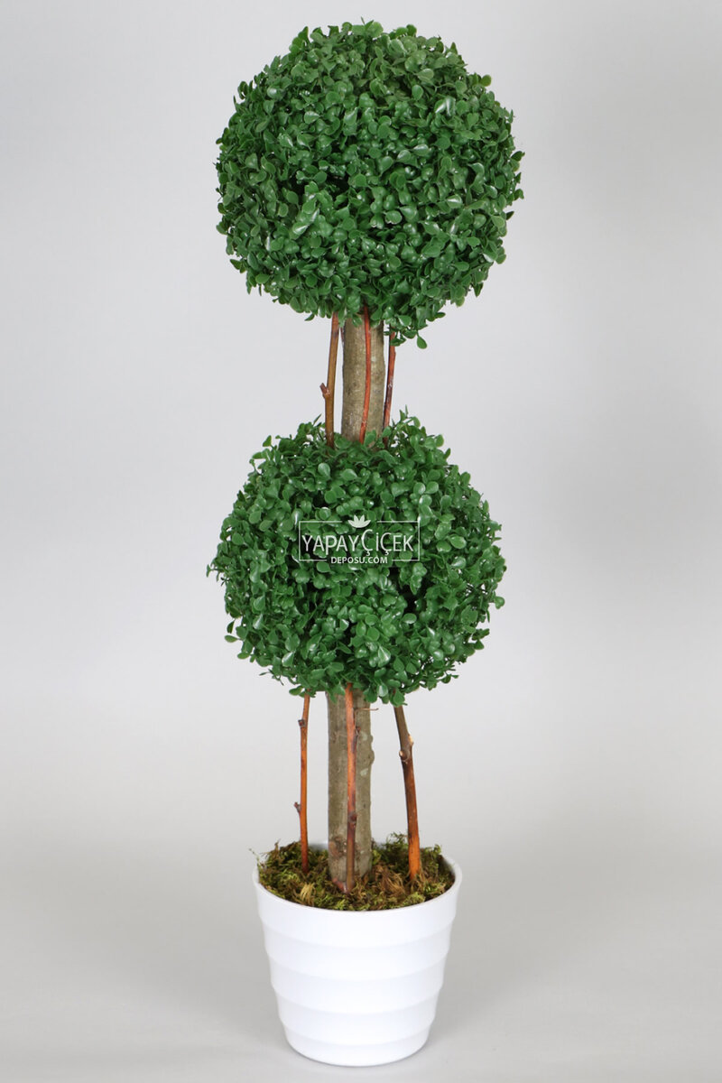 Yapay 2 Katlı Mini Şimşir Ağacı 80 Cm Beyaz Saksılı