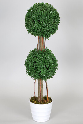 Yapay Çiçek Deposu - Yapay 2 Katlı Mini Şimşir Ağacı 80 cm Beyaz Saksılı