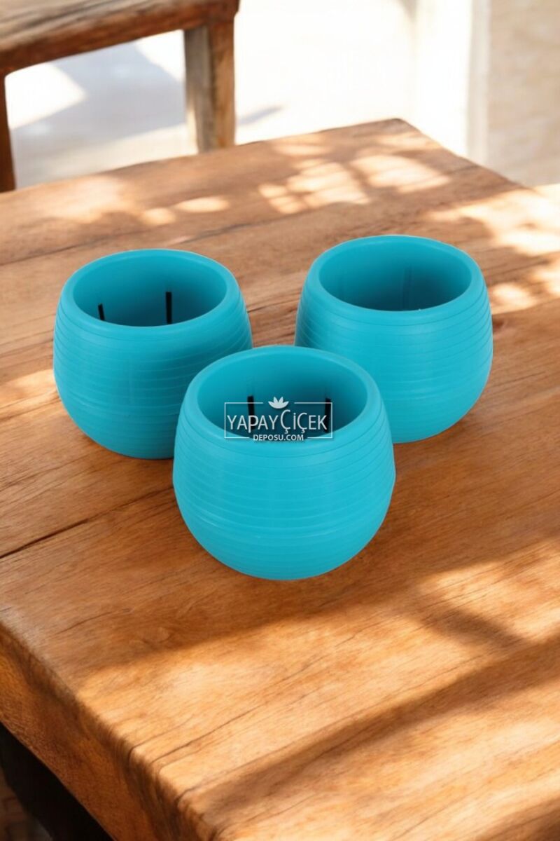 Mini Kaktüs Sukulent Saksısı 3lü Set Koyu Turkuaz Elvan Model 12.5 Cm 1.3 Litre