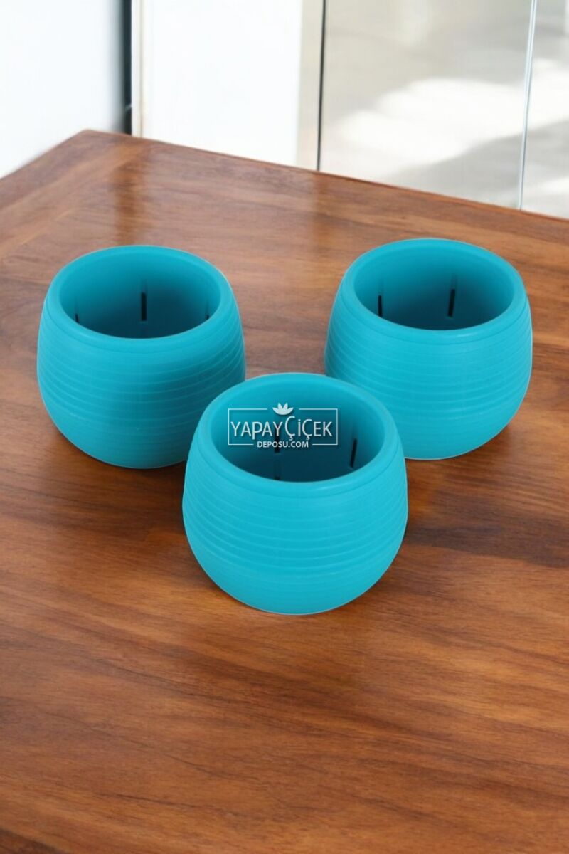Mini Kaktüs Sukulent Saksısı 3lü Set Koyu Turkuaz Elvan Model 9 Cm