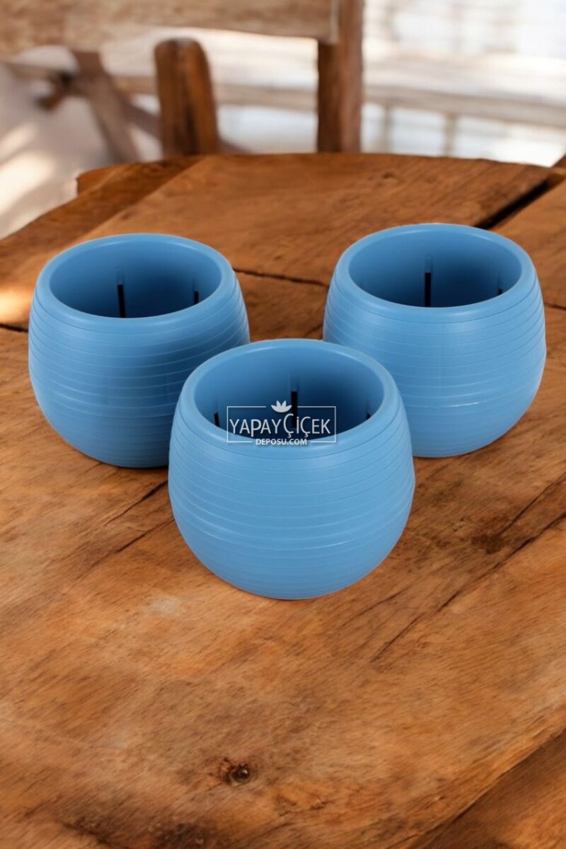 Mini Kaktüs Sukulent Saksısı 3lü Set Mavi Elvan Model 12.5 Cm 1.3 Litre