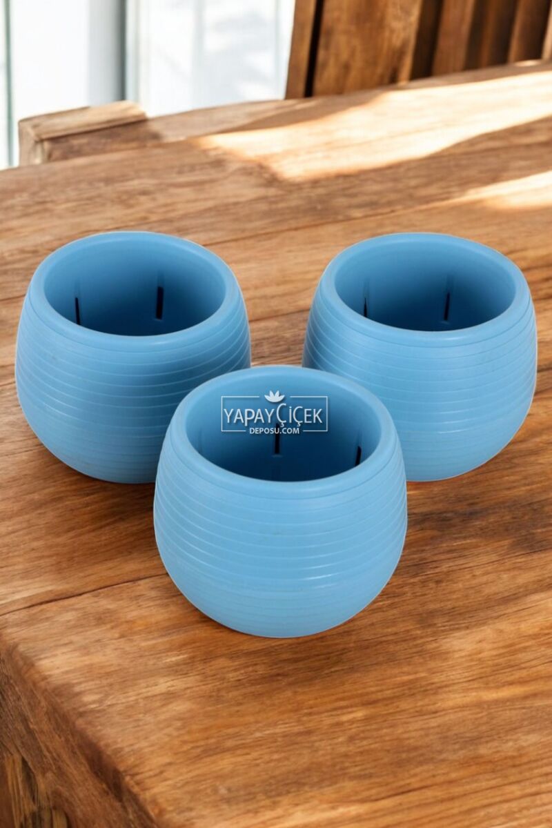 Mini Kaktüs Sukulent Saksısı 3lü Set Mavi Elvan Model 9 Cm
