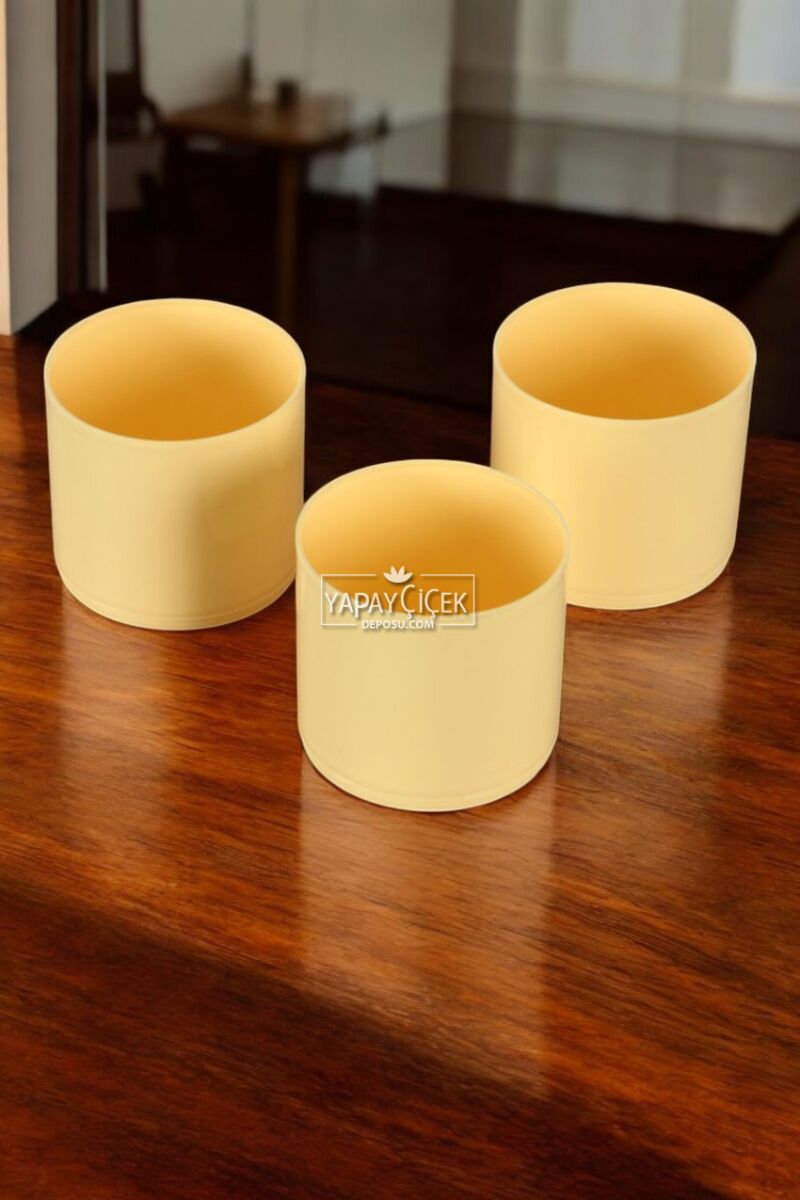 Mini Kaktüs Sukulent Saksısı 3lü Set Pastel Sarı Trend Model 8 Cm