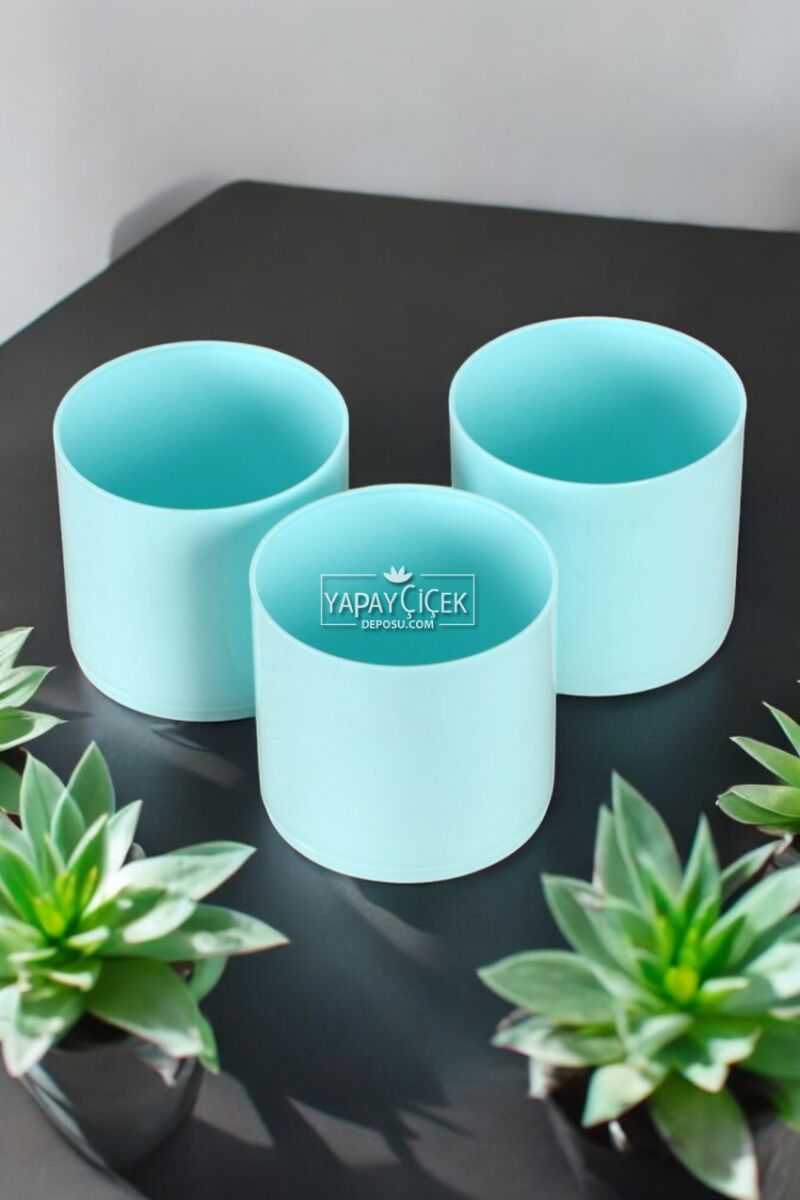 Mini Kaktüs Sukulent Saksısı 3lü Set Turkuaz Trend Model 8 Cm