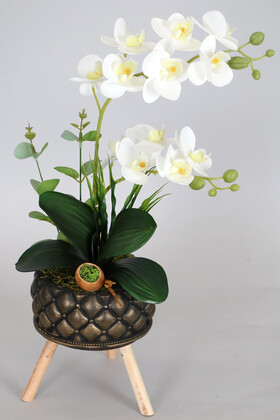 Yapay Çiçek Deposu - Kabartmalı Ayaklı Saksıda 12 Kandilli Mini Yapay Islak Orkide Tanzimi Beyaz Sarı 50 cm