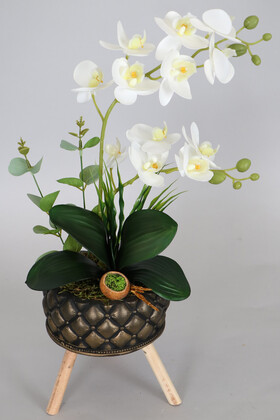 Kabartmalı Ayaklı Saksıda 12 Kandilli Mini Yapay Islak Orkide Tanzimi Beyaz Sarı 50 cm - Thumbnail