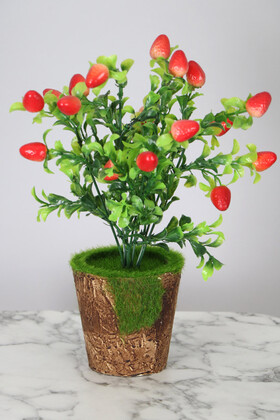 Yapay Çiçek Deposu - Dekoratif Yosunlu Saksıda Yapay Çilek Demeti 30 cm