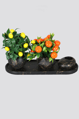 Yapay Çiçek Deposu - Mermer Desenli Tepsili Yapay Kuru Çiçek Tanzimi 3lü Set Model 7
