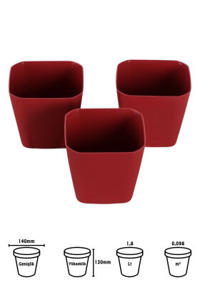 Modern Safir Kare Saksı 3lü Set Bordo 1,8 Litre - 2