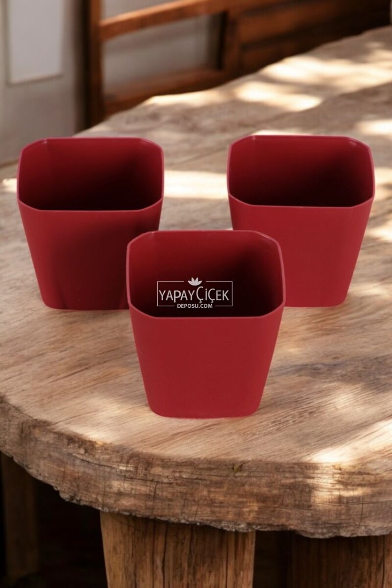 Modern Safir Kare Saksı 3lü Set Bordo 0,8 Litre