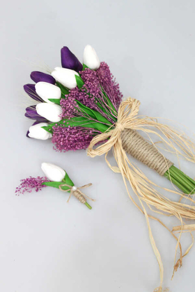 Gonca Islak Lale Gelin Çiçeği 2li Set Beyaz-Mor - Thumbnail