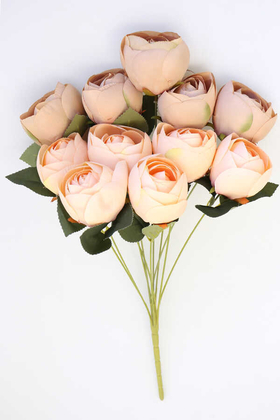 Yapay Çiçek Deposu - Yapay Çiçek 11 Dallı Yumru Gül Demeti 50 cm Kapiçino-Açık Somon