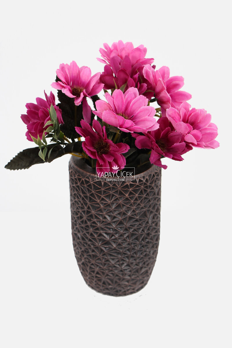 Lüx Beton Retro Tombul Vazoda Yapay Papatya Dekoru 25 Cm Mor-pembe